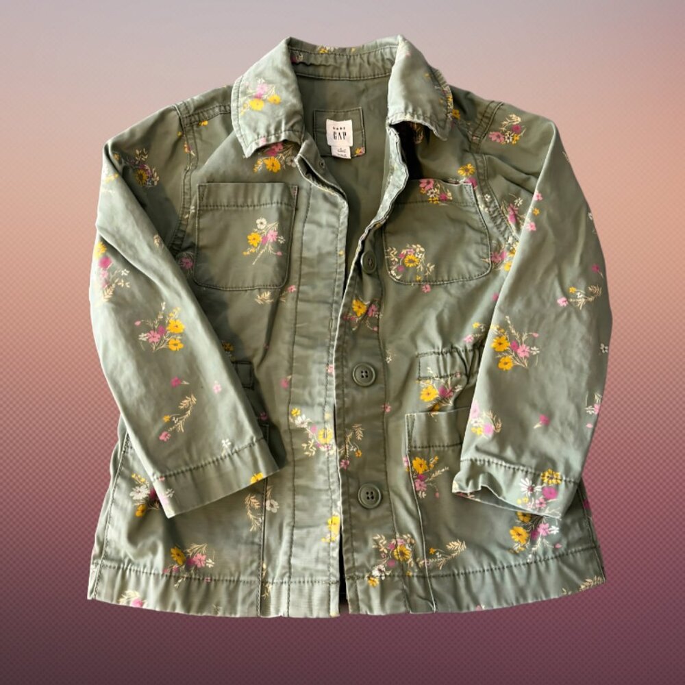 Baby GAP Girls Army Green Utility Jacket with Petite Flowers